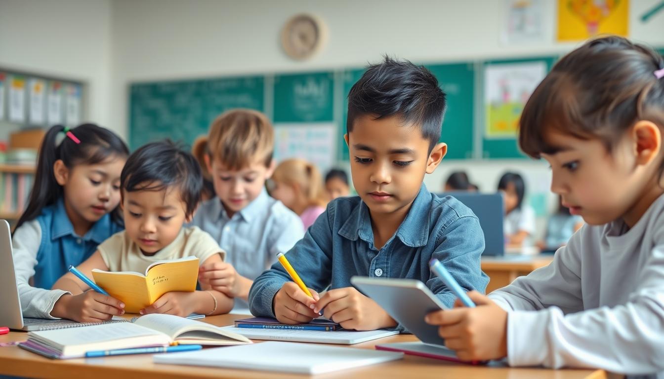 Students studying together in modern classroom